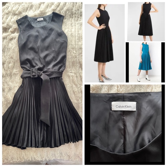Calvin Klein Pleated Satin Combo Midi Dress. Black, belted - Picture 1 of 12